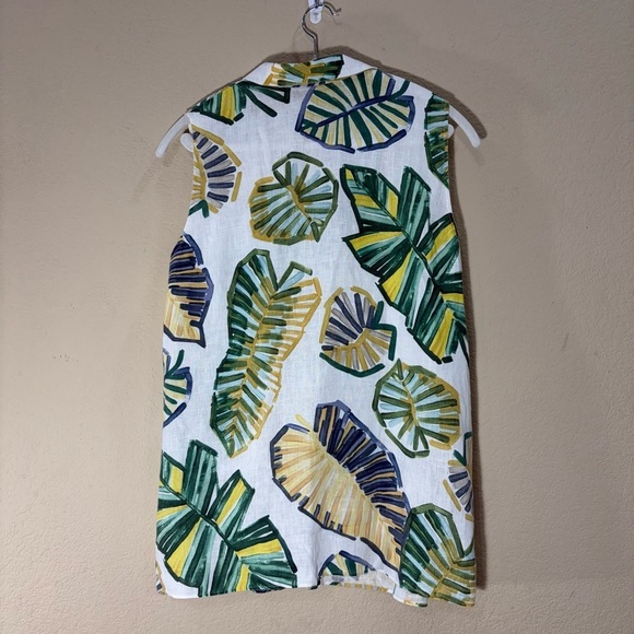 Lafayette 148 New York Green Leaf Blouse Sz L 100% Linen Button Down Top Coastal - Picture 2 of 7